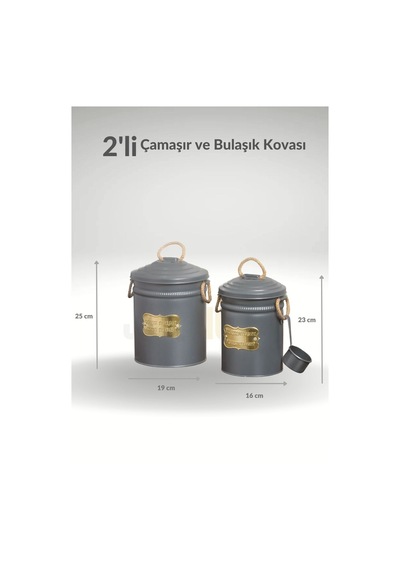2'li Set Deterjan Kovası Çamaşır Bulaşık Kutusu Ölçekli Galvaniz Metal Antrasit Antrasit