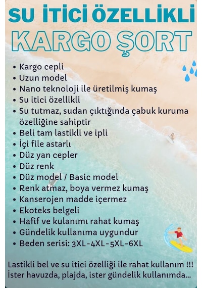 Miami Beach Siyah Büyük Beden Kargo Cepli Uzun Model Su İtici Özellikli Düz Renk Erkek Plaj Deniz Şort - 444-siyah 001