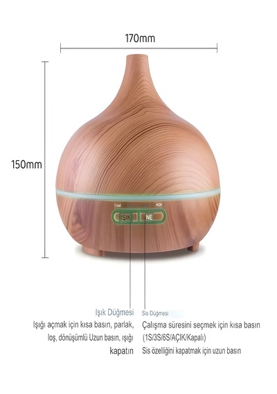 500ml Kumandalı Ahşap Desenli Aroma Difüzör Hava Nemlendirici 7 Renk Led, Rgb Işıklı