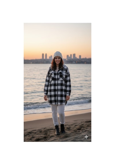 Polologin Butik Siyah Beyaz Kareli Kapşonlu Araboy Spor Oduncu Gömlek Siyah