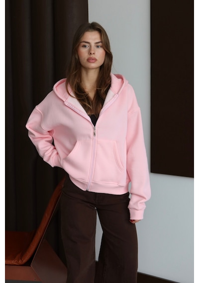 Balenbi Kadın 3 İplik İçi Polarlı Kapüşonlu Oversize Sweat Hırka 1110 Pembe