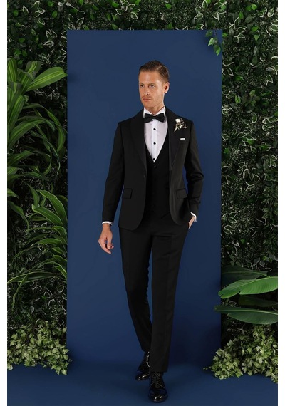 Efor Black 070 Slim Fit Yelekli Çıkarılabilir Saten Yaka Siyah Damatlık Smokin Takım Siyah