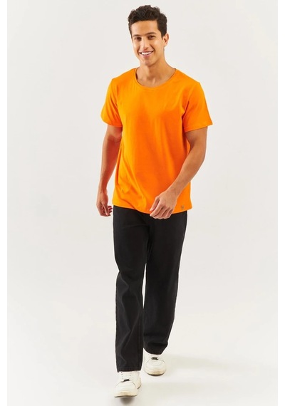 Erkek Oversize Rahat %100 Pamuklu Penye Bisiklet Yaka Kısa Kol Basic T-shirt Turuncu