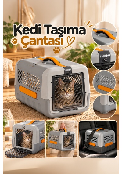Porsima 0001 Kedi Taşıma Çantası Ve Kafesi - Emniyet Kemer Yuvalı, Havalandırmalı Kedi & Küçük Irk Köpek Taşıma Kutusu Gri / Turuncu