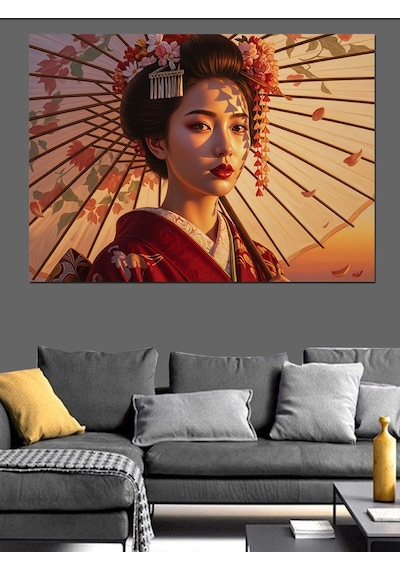 Şemsiyeli Japon Geyşa Kadın Dekoratif Kanvas - Mdf Ahşap Tablo