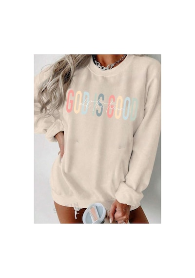 Medinenur Good İs Good Baskılı 2 İplik Şardonlu Bisiklet Yaka Swatshirt Bej