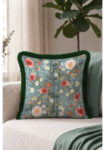 Çiçek Bahar Floral Saçaklı Yastık Kılıfı - Botanik Bohem Mavi Yeşil Siyah Püsküllü Kırlent Kılıfı Sessiz Kanyon Ritüel Çiçek Bahar Floral Saçaklı Yastık Kılıfı - Botanik Bohem Mavi Yeşil Siyah Püsküllü Kırlent Kılıfı Sessiz Kanyon Ritüel