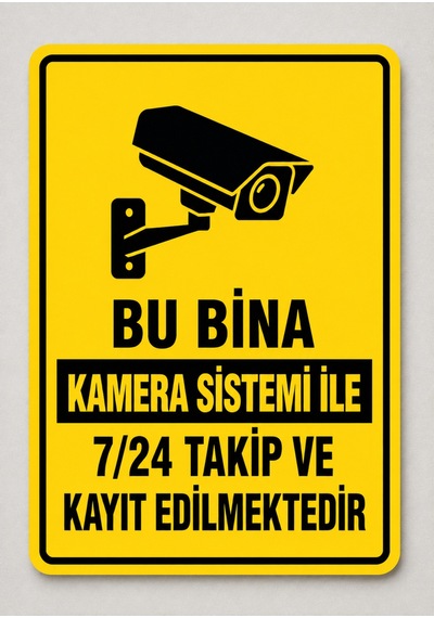 Bu Bina Kamera Sistemi İle 7/24 Takip Ve Kayıt Edilmektedir 4mm Dekota Üzeri Folyo Tabela Levhası 24x34cm Sarı