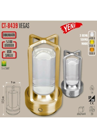 Vegas Şarjlı Masa Lambası Gümüş Dokunmatik Ct-8439 Gümüş