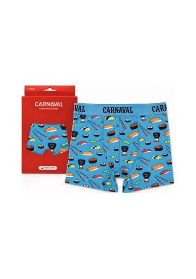 Carnaval Socks Sushi Desenli Erkek Boxer Pamuklu Likralı Parlak Lastikli Kutulu Mavi Çoklu