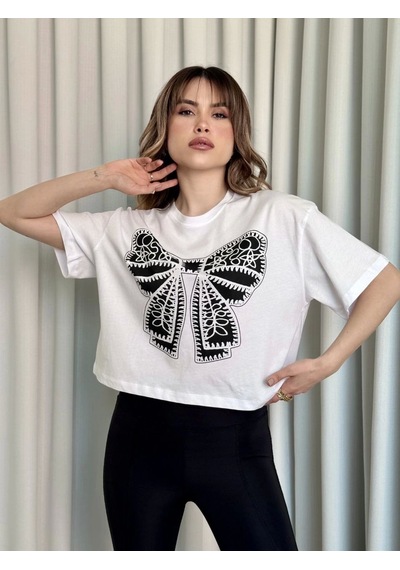 Oversize Beyaz Baskılı Crop Tişört Beyaz