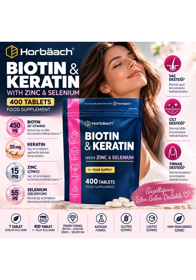 Horbäach Biotin & Keratin Çinko Ve Selenyum İçeren Takviye Edici Gıda 400 Tablet