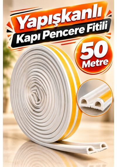 50 Metre Yapışkanlı Kapı Pencere Fitili Beyaz Boşluk Kapatıcı İzolasyon Fitili Soğuk Geçirmez Yalıtm 50 M