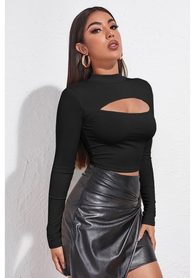 Fantezia Night Kadın Kırmızı Göğüs Dekolteli Uzun Kollu Cut Out Crop Top Bluz SIYAH