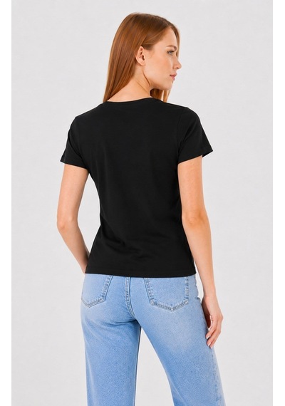 Sortie Collection Kadın V Yaka Tül Detaylı Pamuklu Basic Tişört Siyah