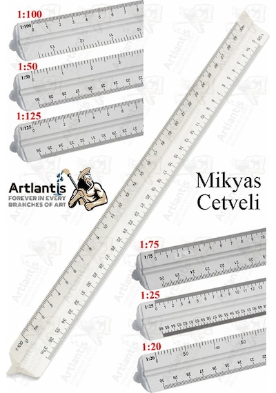 Mikyas Cetvel 1 Adet Ölçekli Üçgen Çizim Cetveli 30cm 3 Kenarlı Mimar Mühendis 1:20 1:25 1:50 1:75 1:100 1:125 Çok Renkli