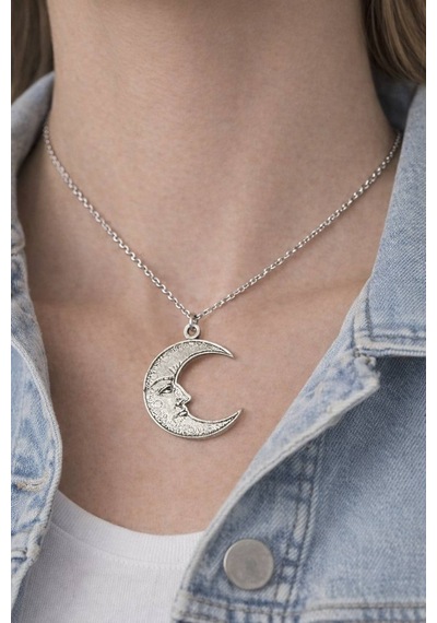 Yüz Figürlü Ay Tasarımlı Gümüş Renk Unisex Kolye Çok renkli
