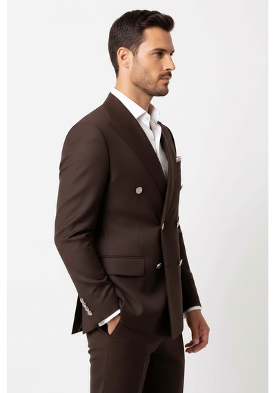 Gümüş Renk Metal Düğmeli Modern Fit Kruvaze Kahverengi Erkek Takım Elbise Wessi Gümüş Renk Metal Düğmeli Modern Fit Kruvaze Kahverengi Erkek Takım Elbise Wessi