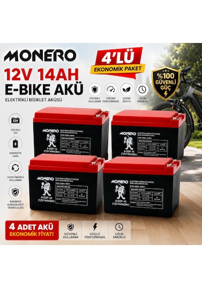 Monero 12v-14 Amper Yatık 4'lü Paket E-bıke Akü-yeni Tarihli Ebatlar:150x101x99mm