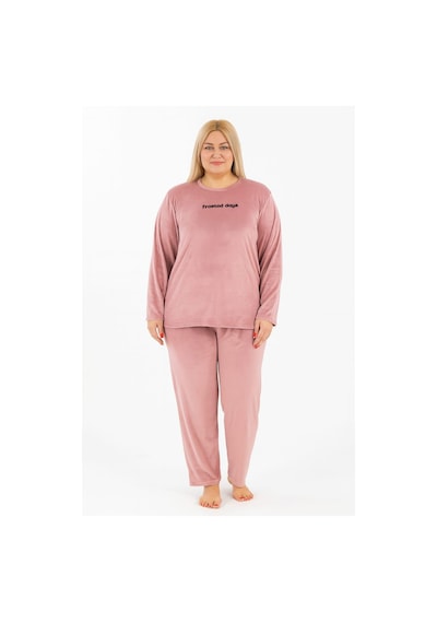 Pemilo Kadın 13213-2654 Büyük Beden Kadife Pijama Takımı Pudra Pudra