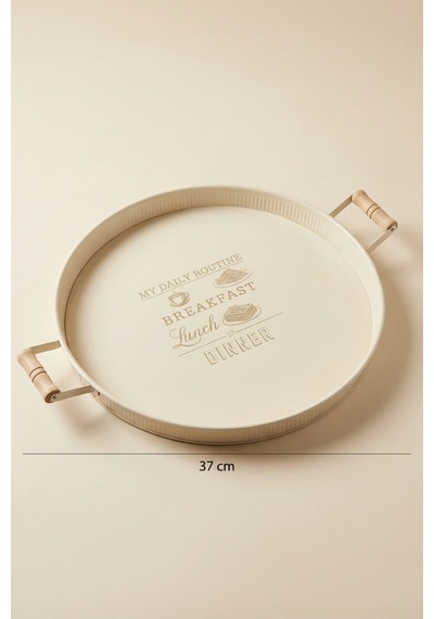 Ahşap Kulplu Yuvarlak Metal Servis Tepsisi 37 Cm Krem