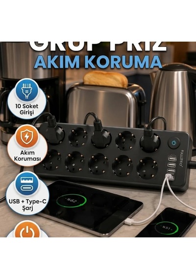 Akım Korumalı 10'lu Grup Priz Usb Ve Type-c Şarj Girişli Açma Kapama Düğmeli Diğer