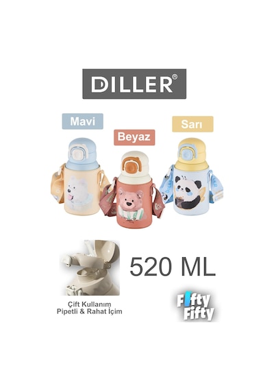 Dıller 520 Ml Tek Kapak Çift Kullanım Pipetli/pipetsiz Kılıflı-askılı Çelik Su Matarası -ffdıllerd9241 Mavi