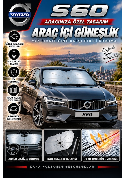 Volvo S60 Araç Ön Cam Güneşliği Katlanabilir Şemsiye Oto Güneşlik Uv Korumalı Gölgelik Araba Oto Şemsiyesi