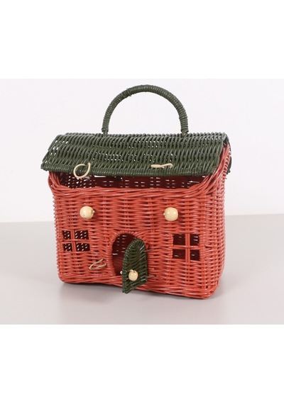 Mylamp Renkli Ev 23x20x13 Cm. Rattan Ev Dekoratif Çanta- Sepet Yeşilkırmızı