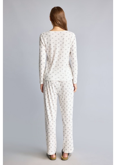 Defacto Çiçekli Düğme Detaylı Regular Fit Uzun Kollu 2li Pijama Takımı F9837ax26auer85 Ekru-er85