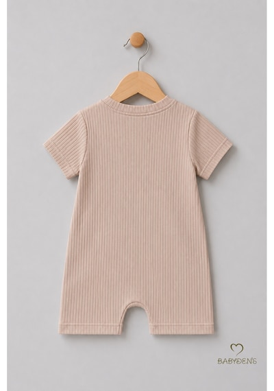 Babyden's Tavşan Baskılı Şortlu Erkek Bebek Tulum %100 Pamuk Yazlık Kısa Kollu Çıtçıtlı Yenidoğan Bebek Tulumu 0-9 Ay Bej