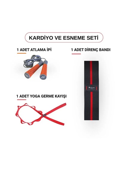Kardiyo Ve Esneme Seti Atlama İpi, Heavy Direnç Bandı Ve Yoga Germe Kayışı Siyah - Kırmızı