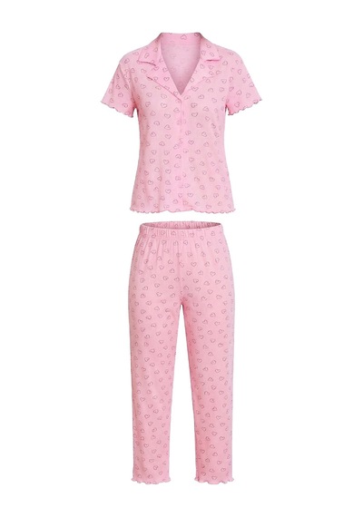 Cottonhill Pudra Kalp Desenli Pointel Gömlek Yaka Kadın Pijama Takımı