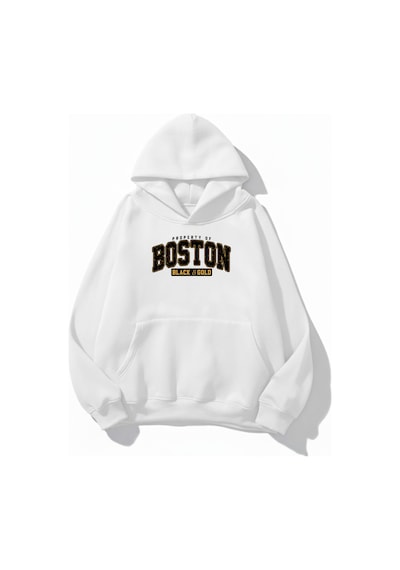 Uyguntarz Unisex Yumuşak Dokulu Boston Black & Gold Baskılı Tasarım Oversize 3 İplik Hoodie Sweatshirt beyaz
