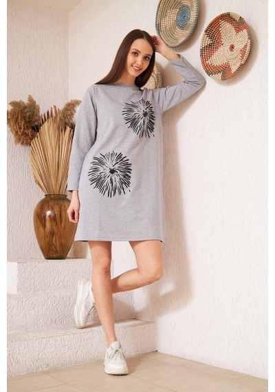 Darlin Moda Gri Melanj Baskılı Düğme Detaylı Tunik DM60346 Gri