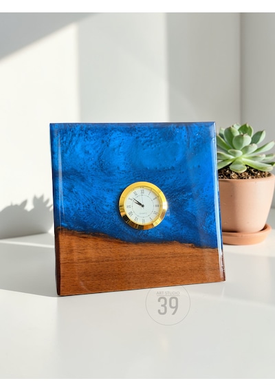 Classic Ceviz & Epoksi Masa Saati 3,5 Cm Altın Kaplama Quartz Mekanizma Tasarım Masaüstü Saat 15x15 Cm Çok Renkli