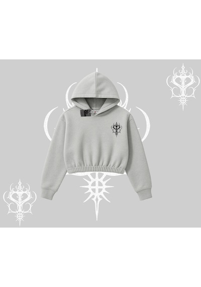 Startmore Adorable Kawaii Kedi Arka Baskılı Kapşonlu Crop Sweatshirt Gri
