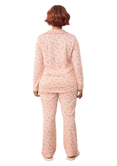 Ersefa Kadın Çiçekli Gömlek Yaka Uzun Kollu Pijama Takımı Fonksiyonel Da Pembe