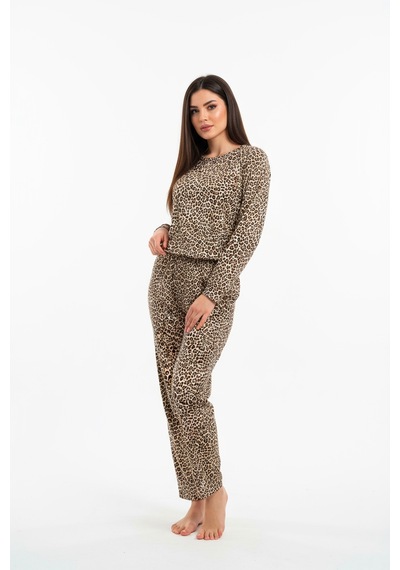 Bisiklet Yaka Süet Pijama Takımı 6006 Leopar Kahverengi