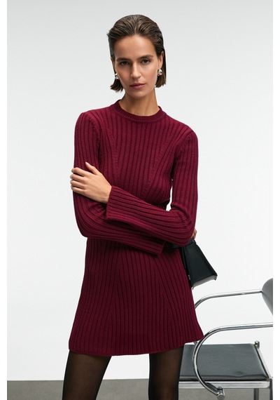 Grımelange ENCANTO Kadın Yuvarlak Yaka Çizgi Desenli Slim Fit Bordo Elbise