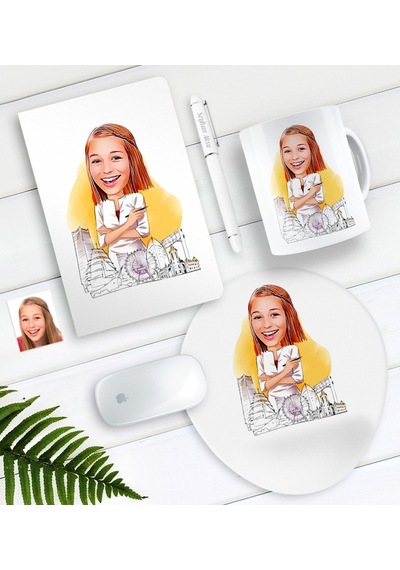 Kişiye Özel Bayan Mimar Karikatürlü Defter Kalem Kupa Mouse Pad S