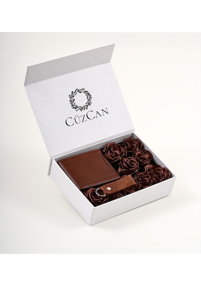 Premium Gift Rose Box - Kelebek Taba Hakiki Deri Cüzdan - Anahtarlık Ve Taba Gül Kutusu Taba