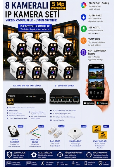 8 Kameralı 5 Mp Ip Kamera Seti Poeli Gece Renkli Ses Kayıtlı Yapay Zeka Destekli Tak-çalıştır Kuruluma Hazır Sistem