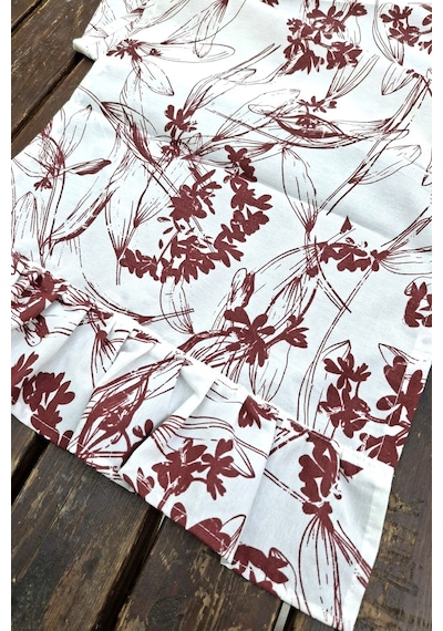 Bordo Çiçekli Pileli Runner - Dekoratif Runner - Keten Pileli Runner 40x110cm Renkli