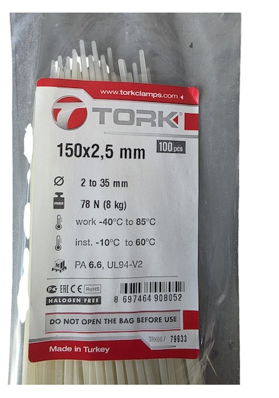 Tork 150x2,5 Mm Plastik Kablo Bağı Beyaz 100 Adet
