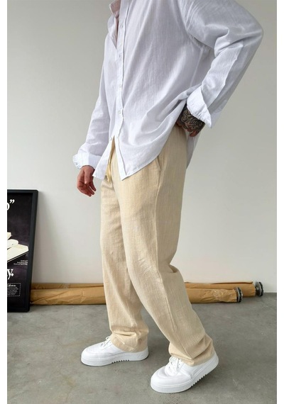 Bej Baggy Keten Pantolon Bej