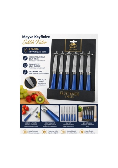 6 Lı Meyve Bıçağı Seti Paslanmaz Çelik Mavi Saplı Soyma Ve Doğrama Bıçağı Mutfak Bıçak Seti