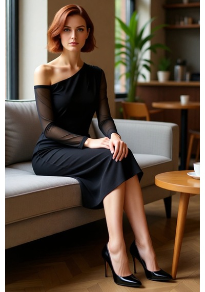 Ersefa Moda Stil Slim Asimetrik Yaka Midi Boy Desenli Astarlı Vücuda Otu Siyah