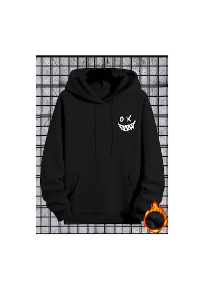 Medinenur Gülümseyen Yüz Baskılı Kapüşonlu Sweatshirt Siyah