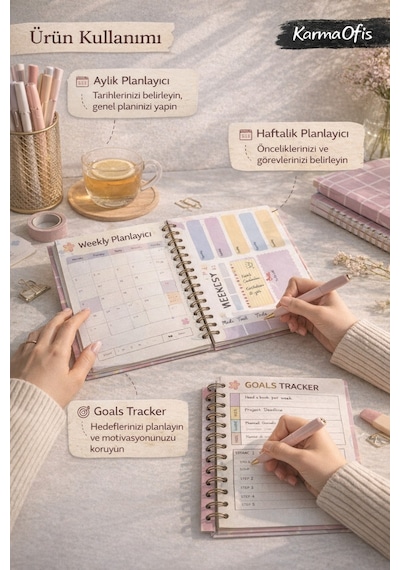 Pembe Kareli Kiraz Desenli Spiralli Tarihsiz Planner Haftalık & Aylık Planlayıcı Defter, 17.5x18 Cm Diğer